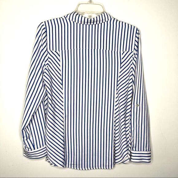 Chico's Wms Sz 0 Blue White Gold Striped Button Up Blouse Career Casual Roll Tab - Picture 3 of 11